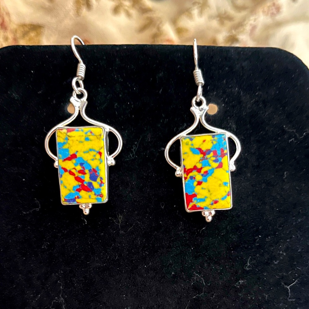 NWT Mosaic Jasper 925 Silver Earrings